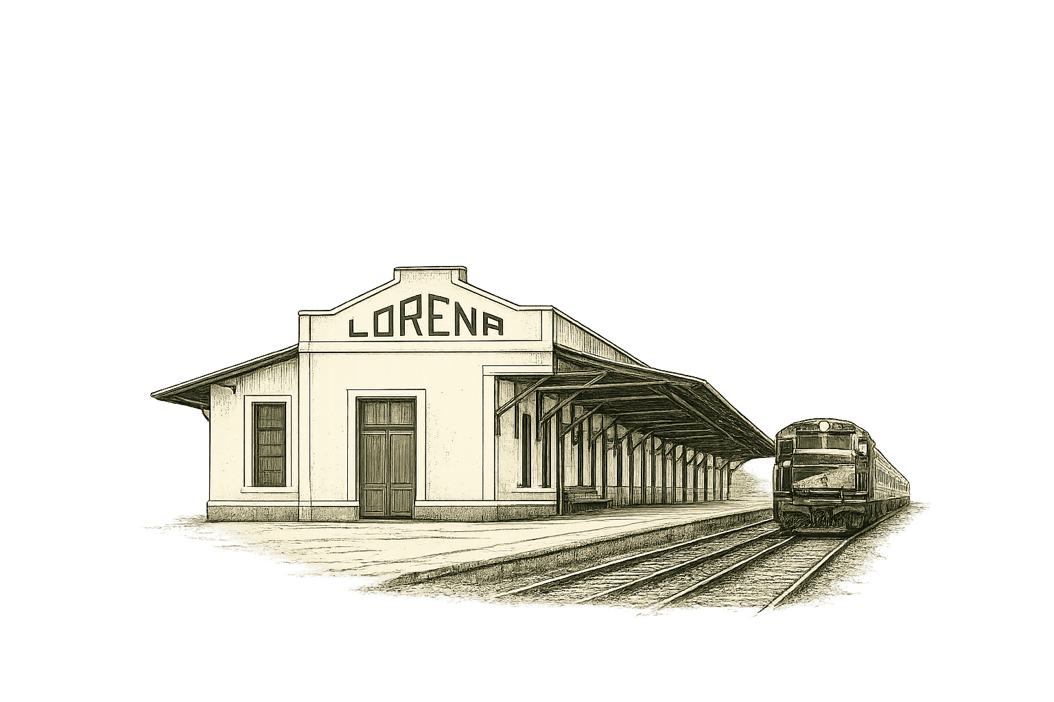 Ilustração da antiga Estação de Lorena com trem na plataforma